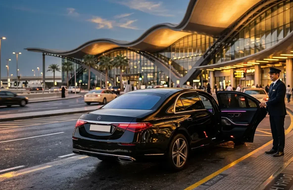 Chauffeur standing beside a luxury limousine outside Doha airport terminal, ready for airport pickup