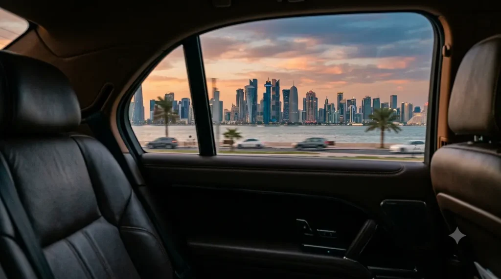 View of Doha's Corniche and city skyline from inside a luxury car during an airport transfer