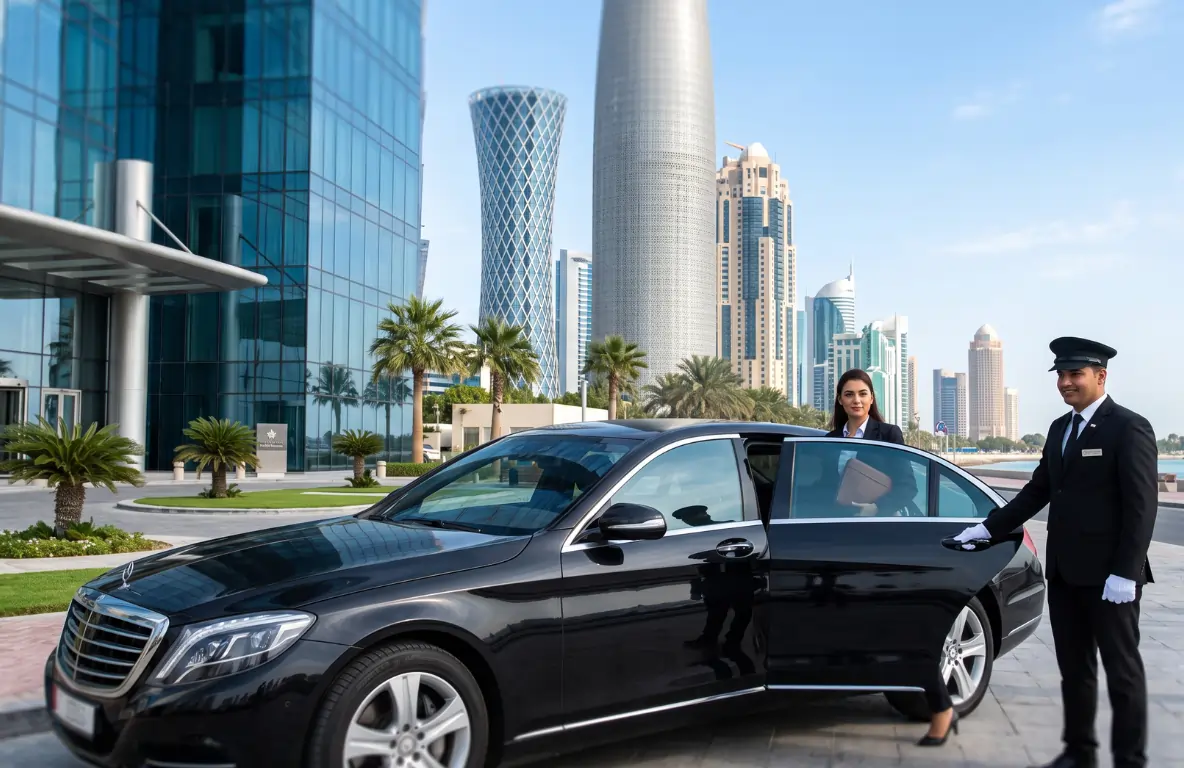 Luxury hourly limo rental service in Doha with professional chauffeur and executive sedan in the city skyline.
