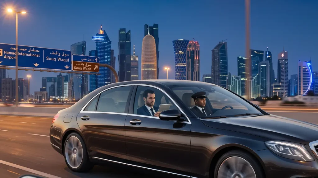 Luxury hourly limo rental in Doha with chauffeur driving an executive sedan through the city skyline at night.