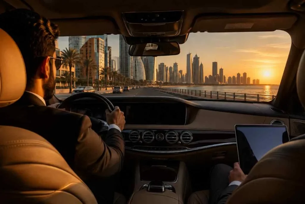 Professional chauffeur standing beside a luxury sedan in Doha's West Bay business district