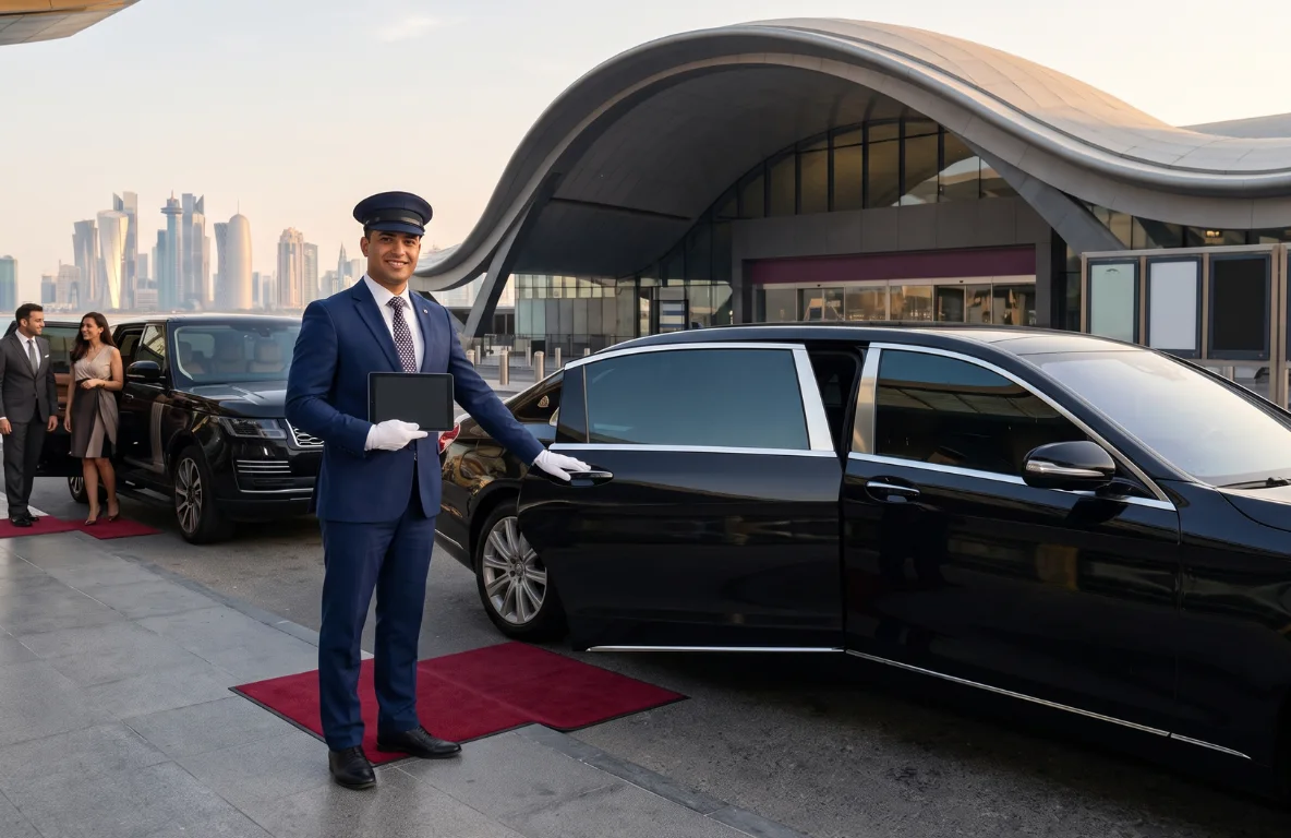 Professional chauffeur from a trusted chauffeur company in Qatar welcoming passengers beside a luxury sedan at the airport for premium airport transfer services.