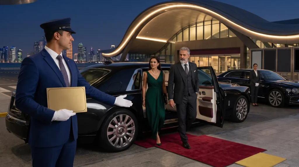Professional chauffeur from a trusted chauffeur company in Qatar welcoming VIP guests beside a luxury sedan outside a modern airport terminal.