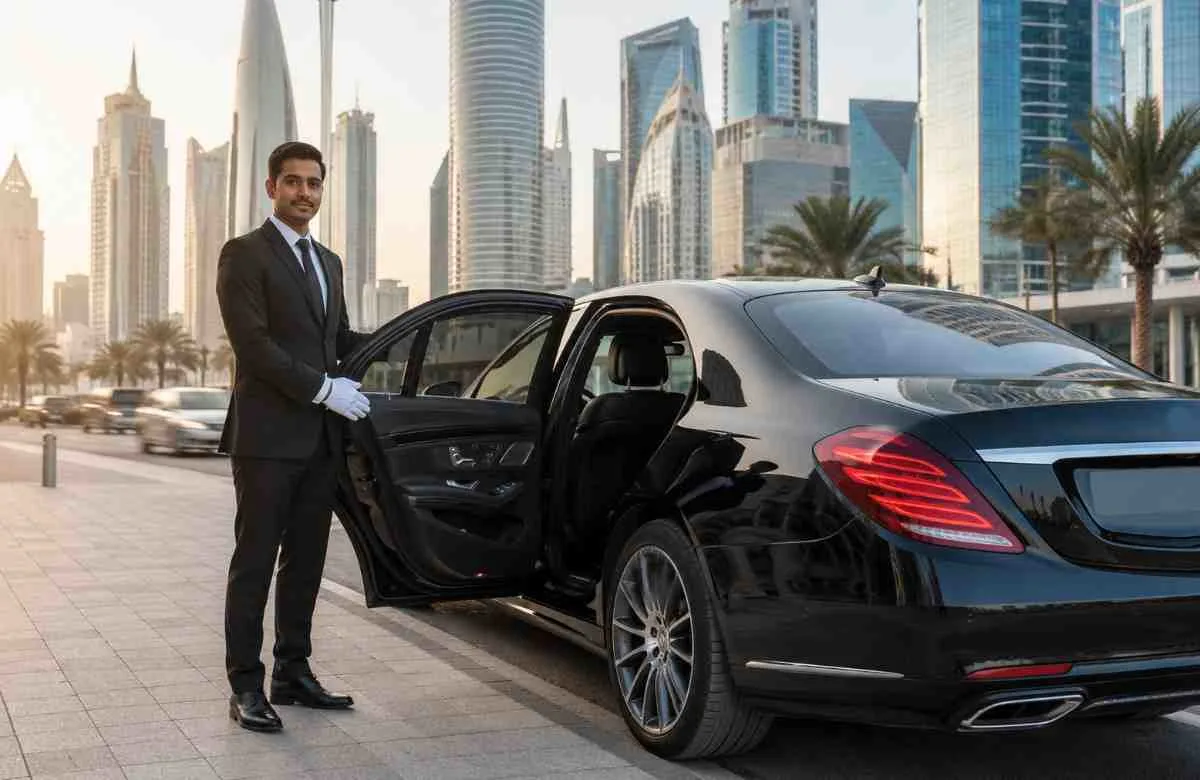 View from inside a chauffeur-driven car showing the Doha Corniche skyline during a business commute