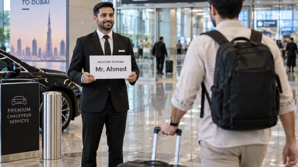 Professional chauffeur providing hotel transportation at a modern Dubai airport arrivals hall while welcoming a traveler with luggage.