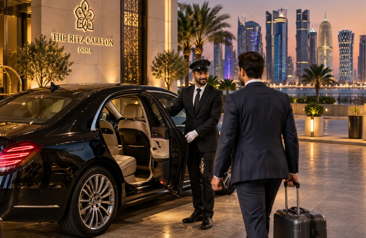 Luxury hotel transportation in Doha with a professional chauffeur welcoming a guest beside a black executive sedan outside an upscale hotel.