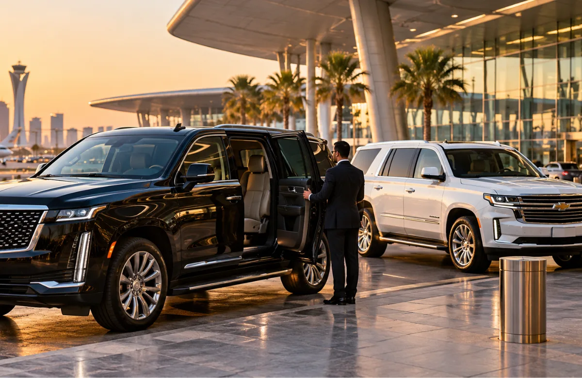 Cadillac Escalade vs Chevrolet Tahoe parked side by side at an airport arrivals curb in Doha, Qatar, with a chauffeur opening the rear door.