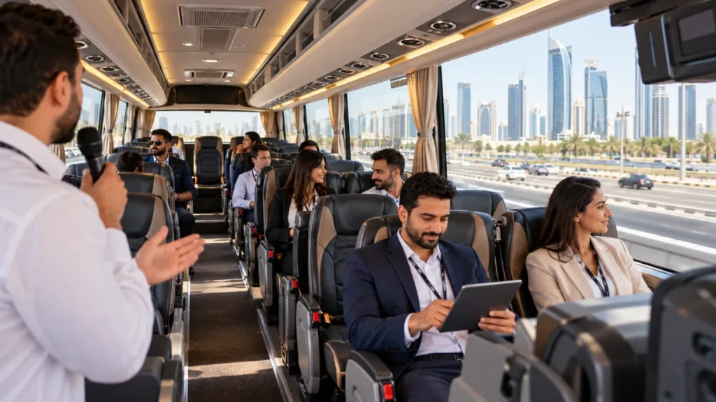 Inside a King Long 35-seater in Qatar with high-back seats and air vents for corporate group travel
