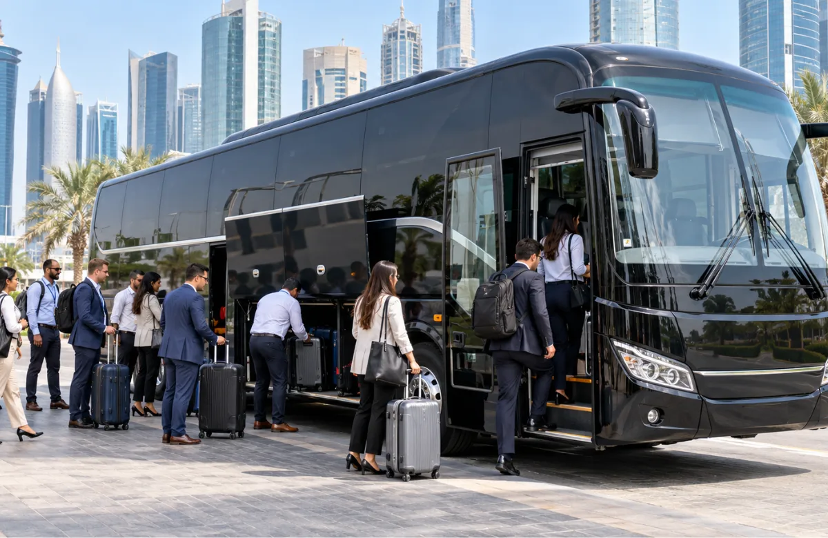 King Long 35-seater in Qatar waiting for a corporate group outside a Doha office tower