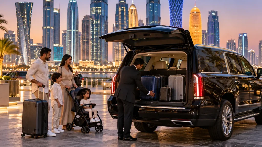 Chauffeur loading suitcases into a luxury SUV in Doha for an Escalade vs Tahoe luggage space comparison in Qatar.