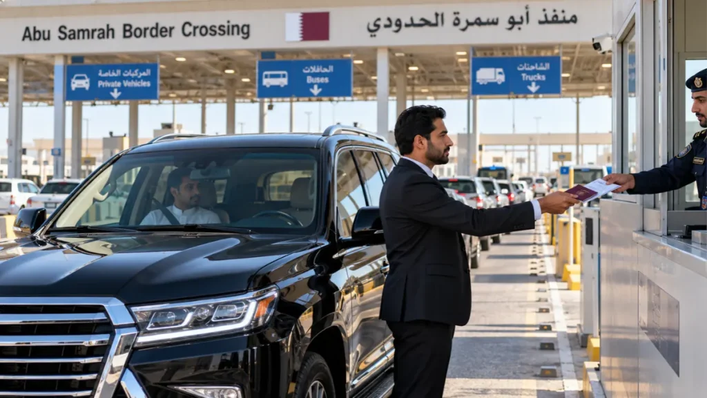 Chauffeur handling documents at the border crossing on the Doha to Dammam distance route