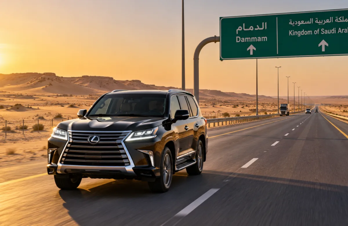 Chauffeur-driven car on the highway showing the Doha to Dammam distance by road