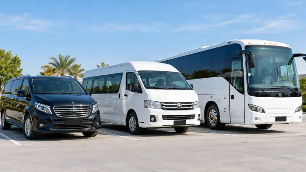 Van, minibus, and coach lined up to compare vehicle sizes for group airport transportation