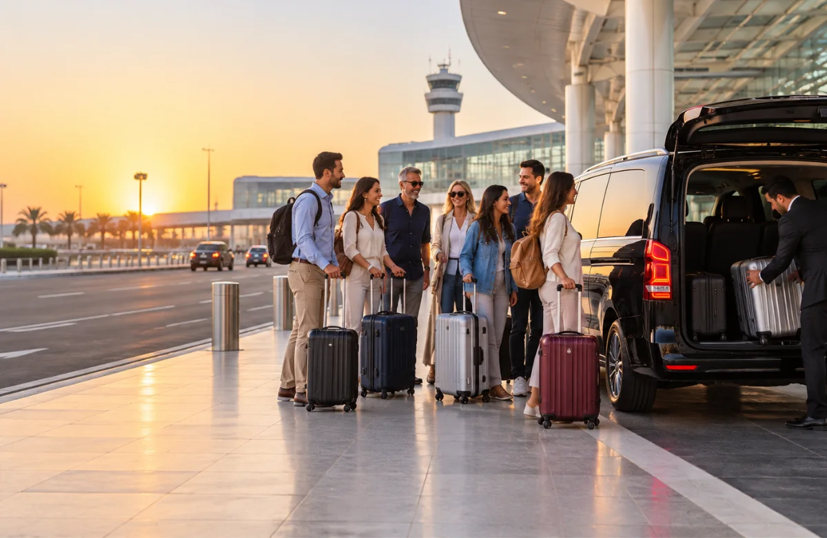 Group airport transportation in Doha with a V-Class van being loaded with luggage for eight travelers